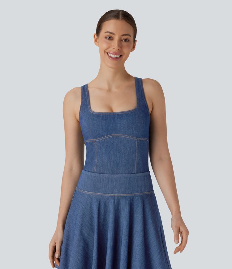 Body de tennis Halara Flex™ en denim stretch lavé à col carré, dos nageur et toucher frais