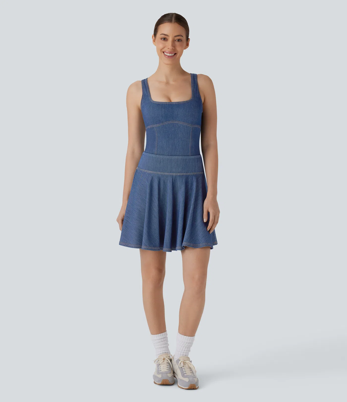 Body Halara Flex™ Denim mezclilla tenis elástica desgastada cuello cuadrado y espalda nadadora con tacto frío