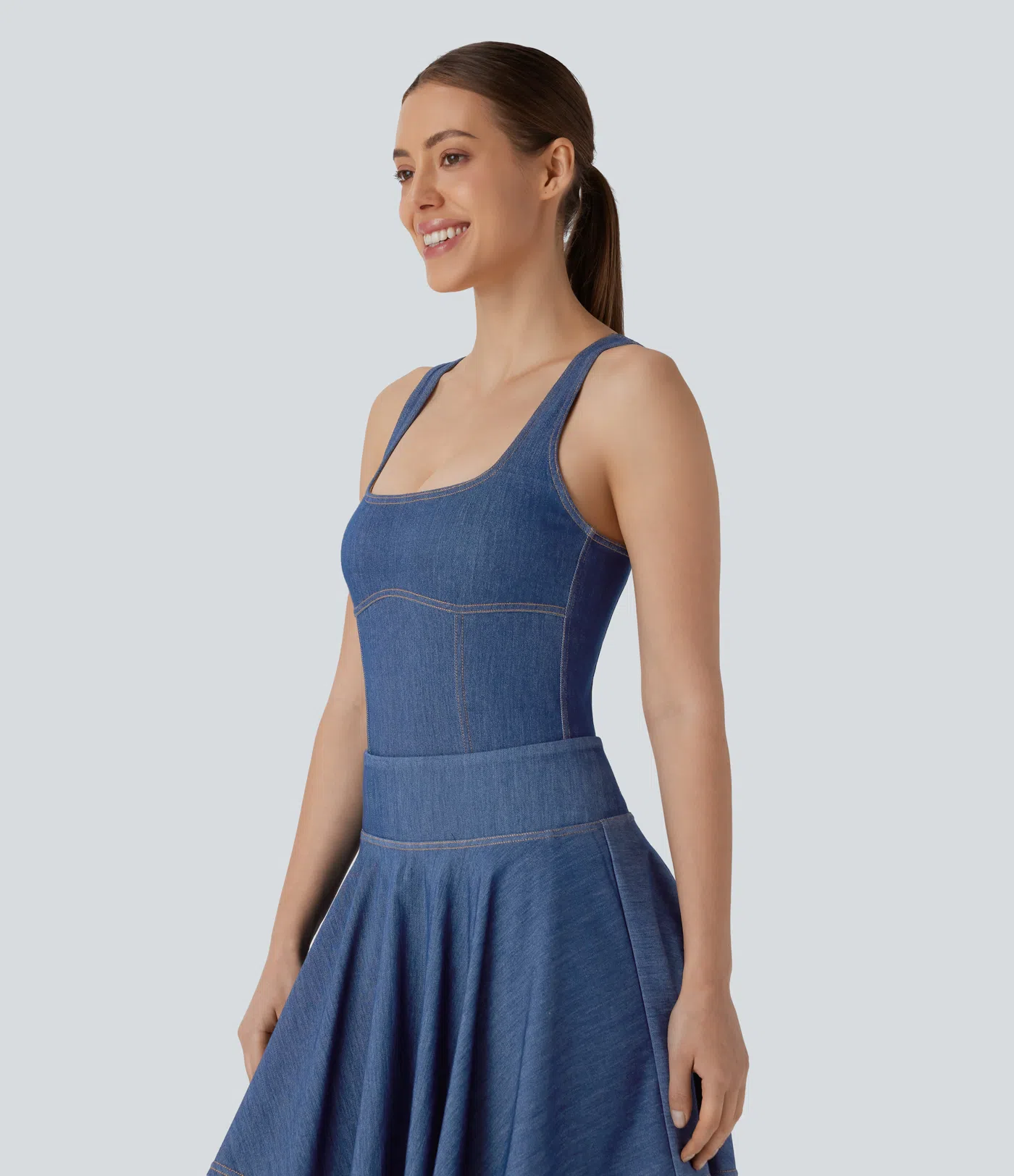 Body Halara Flex™ Denim mezclilla tenis elástica desgastada cuello cuadrado y espalda nadadora con tacto frío