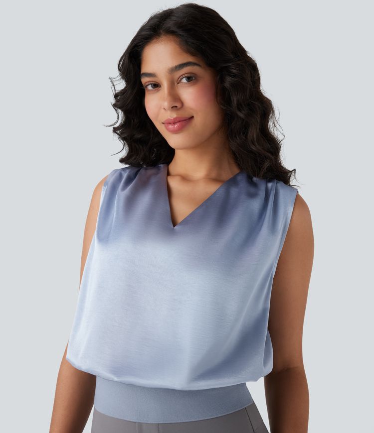 Blusa de oficina sin mangas con cuello en V y efecto satén