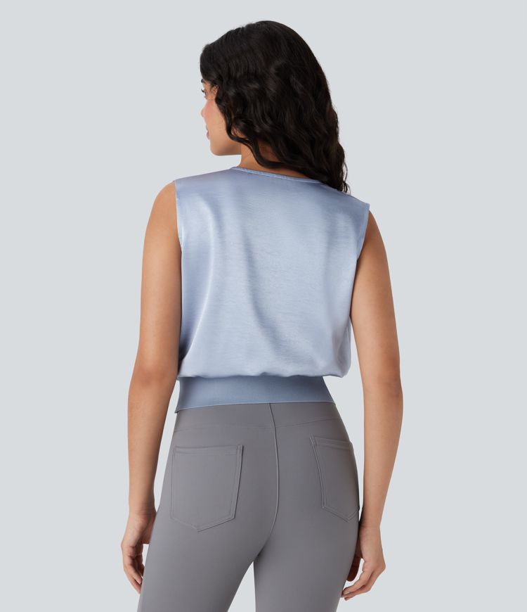 Blusa de oficina sin mangas con cuello en V y efecto satén