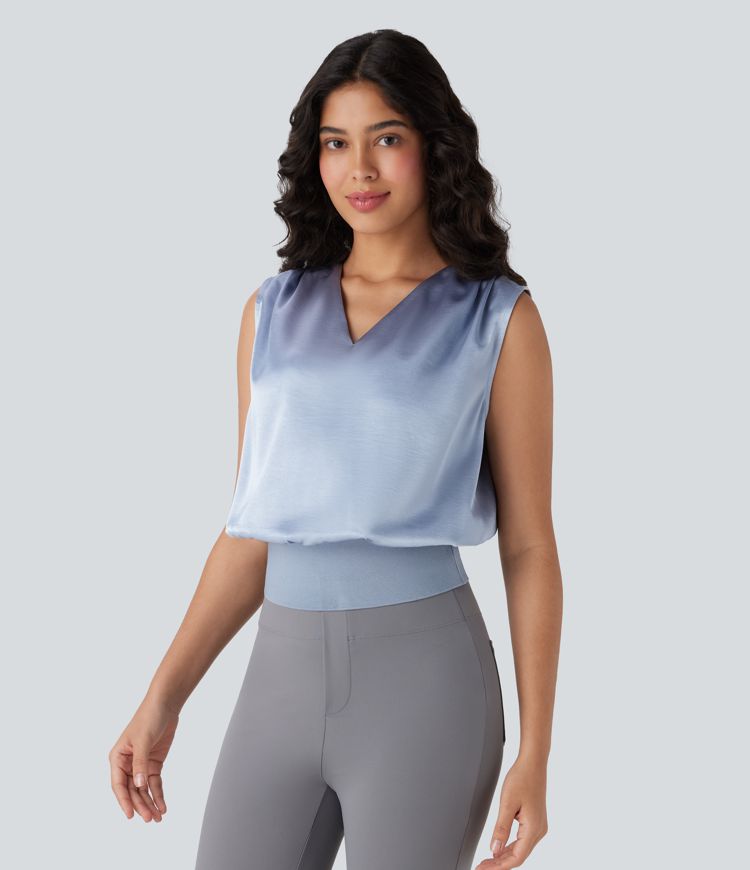 Blusa de oficina sin mangas con cuello en V y efecto satén