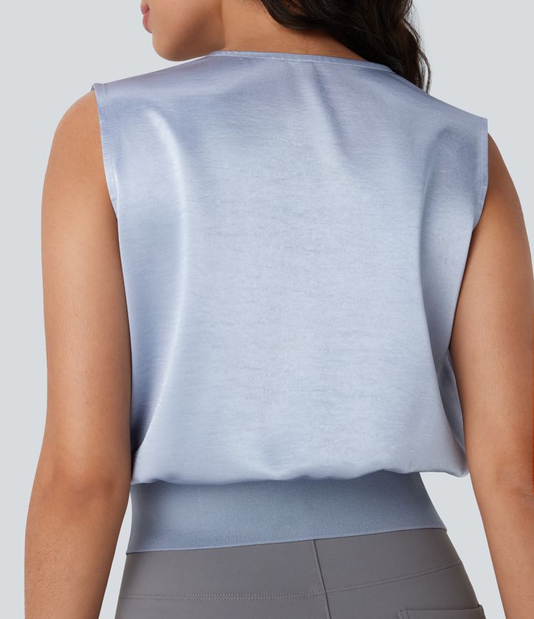 Blusa de oficina sin mangas con cuello en V y efecto satén