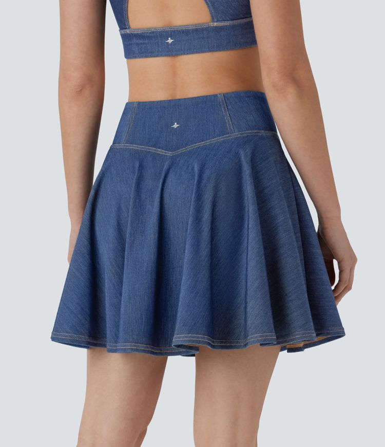 Mini-jupe tennis denim 2-en-1 HalaraMagic™ tricot extensible Cool Touch délavé taille haute avec poches