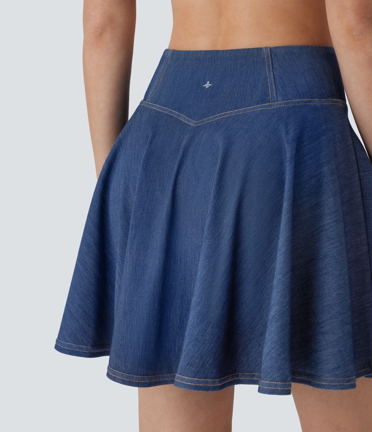 Mini-jupe tennis denim 2-en-1 HalaraMagic™ tricot extensible Cool Touch délavé taille haute avec poches