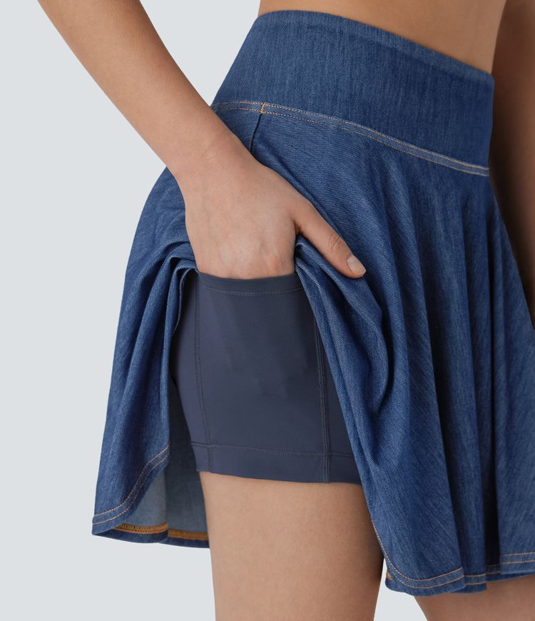 Mini-jupe tennis denim 2-en-1 HalaraMagic™ tricot extensible Cool Touch délavé taille haute avec poches