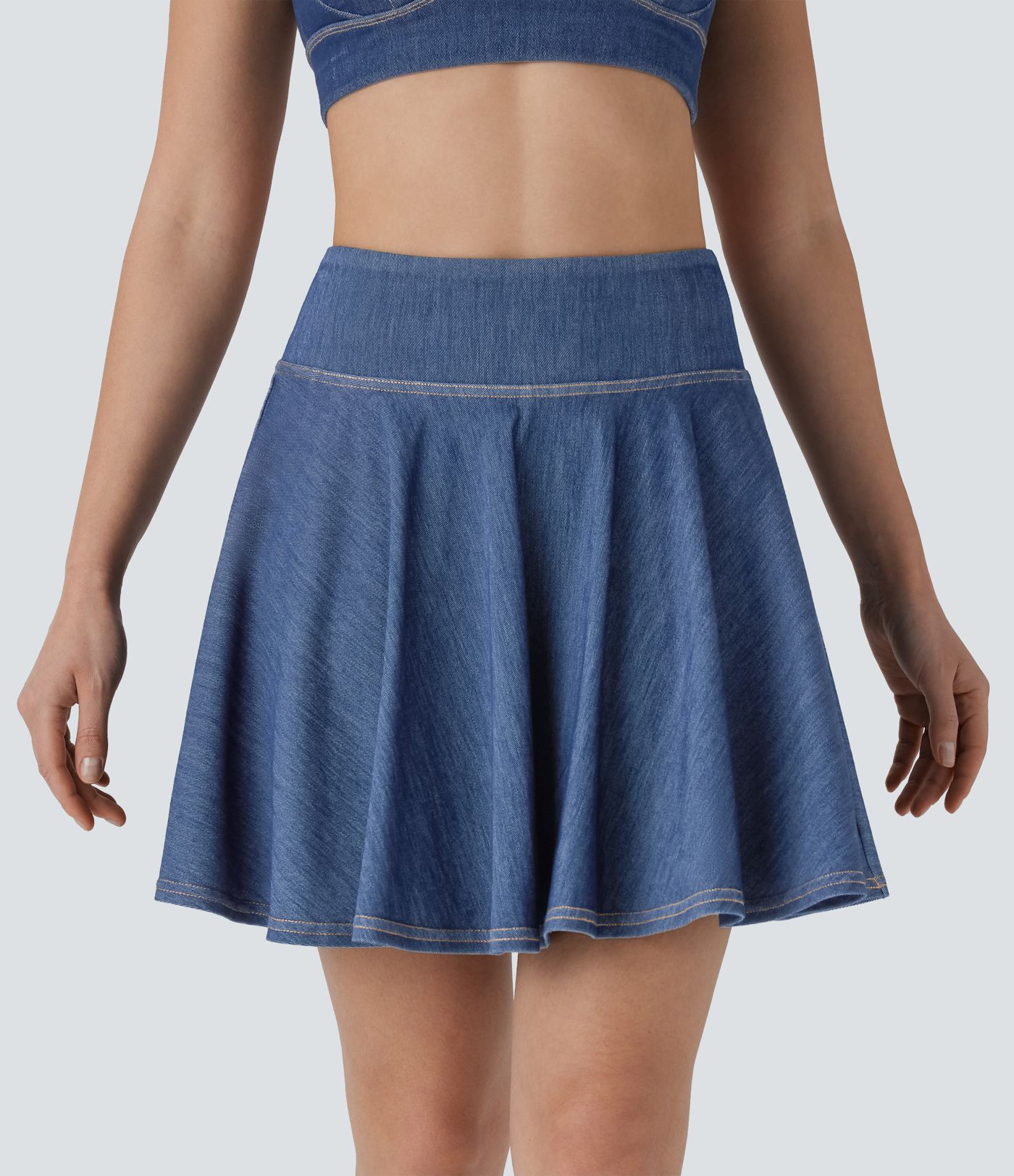 Mini falda Halara Flex™ Denim mezclilla tenis elástica lavada tacto fresco 2 en 1 tiro alto bolsillo
