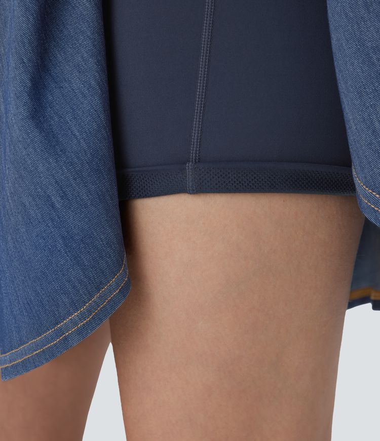 Mini-jupe tennis denim 2-en-1 HalaraMagic™ tricot extensible Cool Touch délavé taille haute avec poches