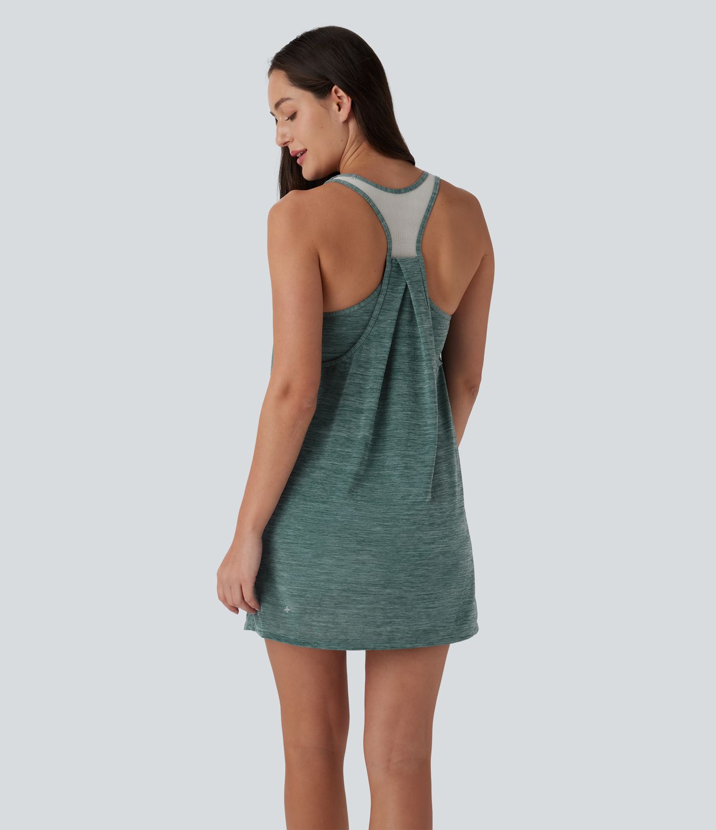 U Neck Backless Racerback Contrast Mesh 2-Piece Side Pocket Mini Yoga Active Dress