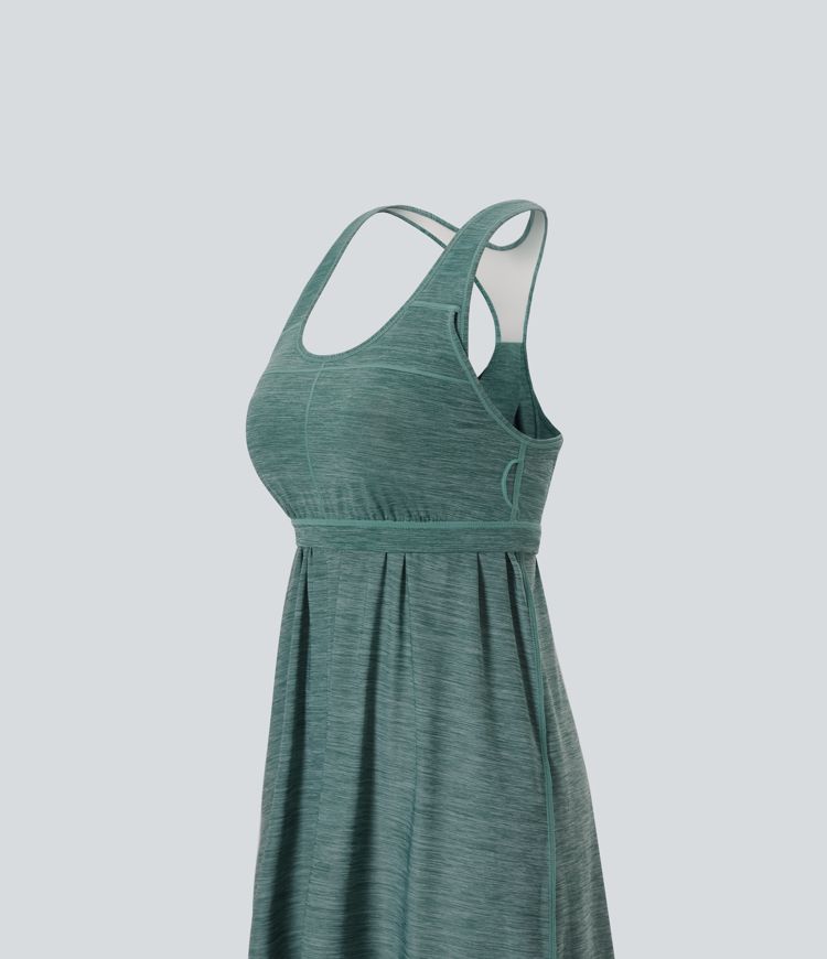 U Neck Backless Racerback Contrast Mesh 2-Piece Side Pocket Mini Yoga Active Dress