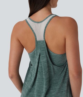 U Neck Backless Racerback Contrast Mesh 2-Piece Side Pocket Mini Yoga Active Dress