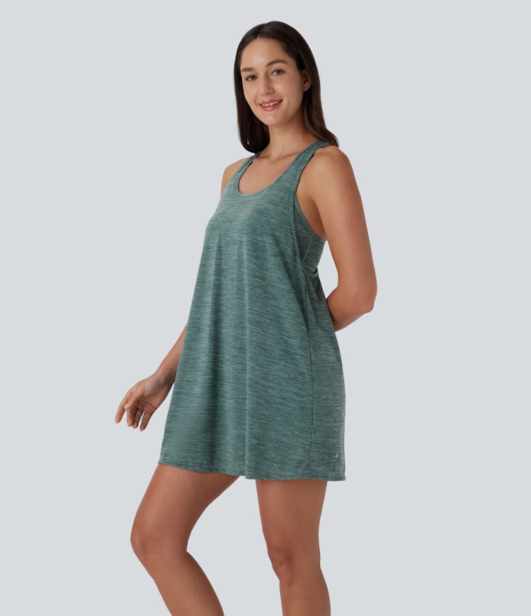 U Neck Backless Racerback Contrast Mesh 2-Piece Side Pocket Mini Yoga Active Dress