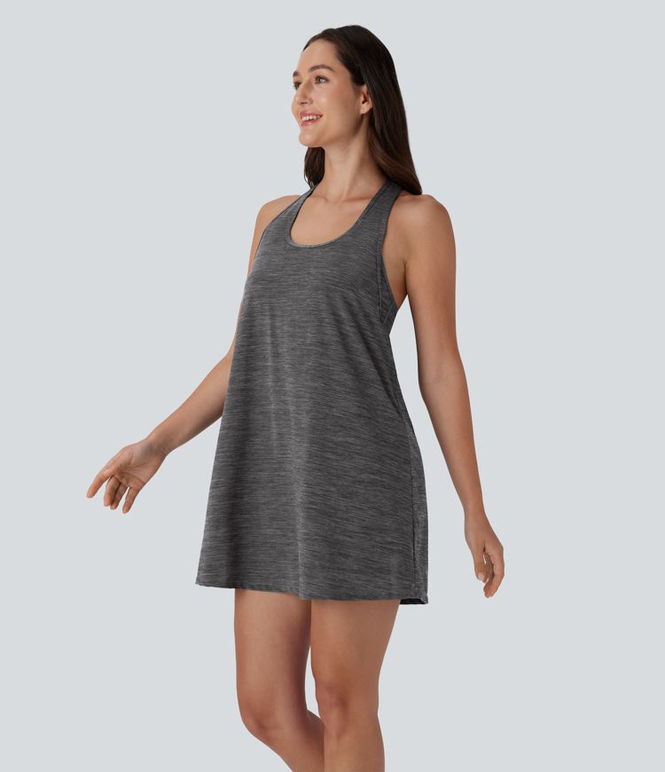 U Neck Backless Racerback Contrast Mesh 2-Piece Side Pocket Mini Yoga Active Dress