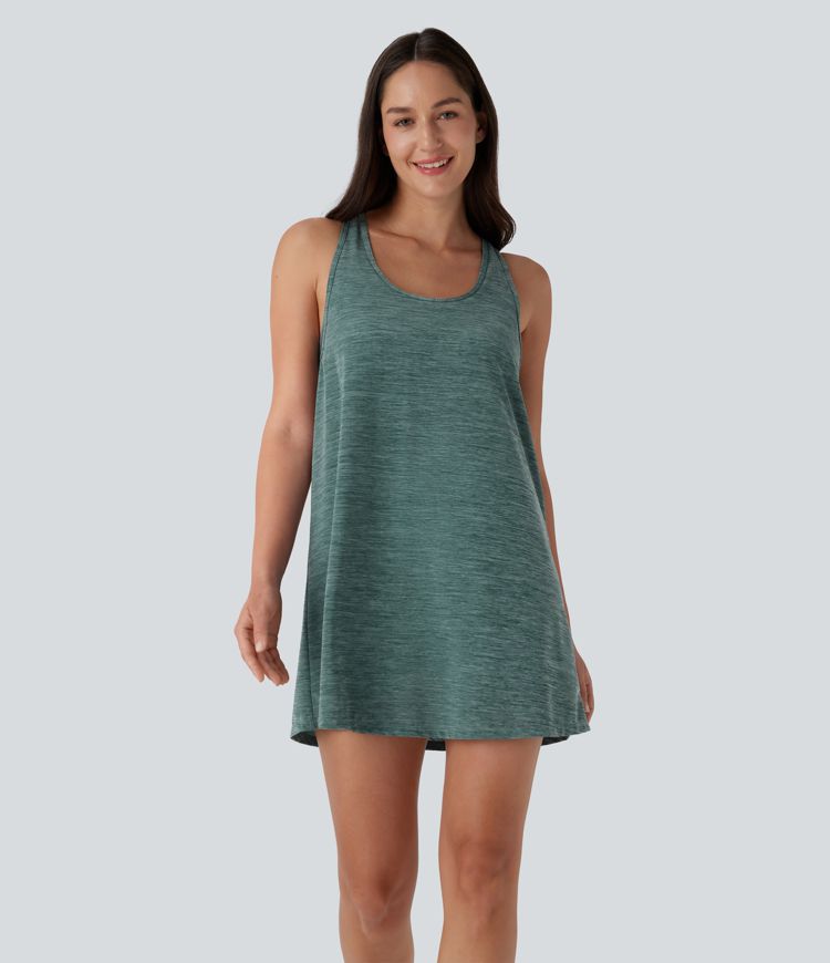 U Neck Backless Racerback Contrast Mesh 2-Piece Side Pocket Mini Yoga Active Dress