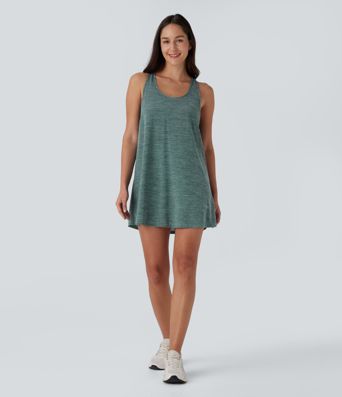U Neck Backless Racerback Contrast Mesh 2-Piece Side Pocket Mini Yoga Active Dress
