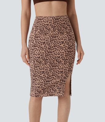 High Waisted Tummy Control Butt Lifting Midi Leopard Print Casual Shapewear Skirt