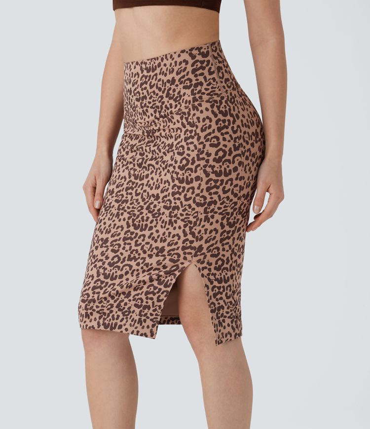 SoCinched High Waisted Tummy Control Butt Lifting Split Midi Leopard Print Casual Shapewear Skirt