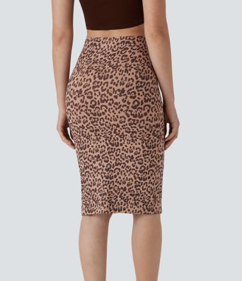 High Waisted Tummy Control Butt Lifting Midi Leopard Print Casual Shapewear Skirt