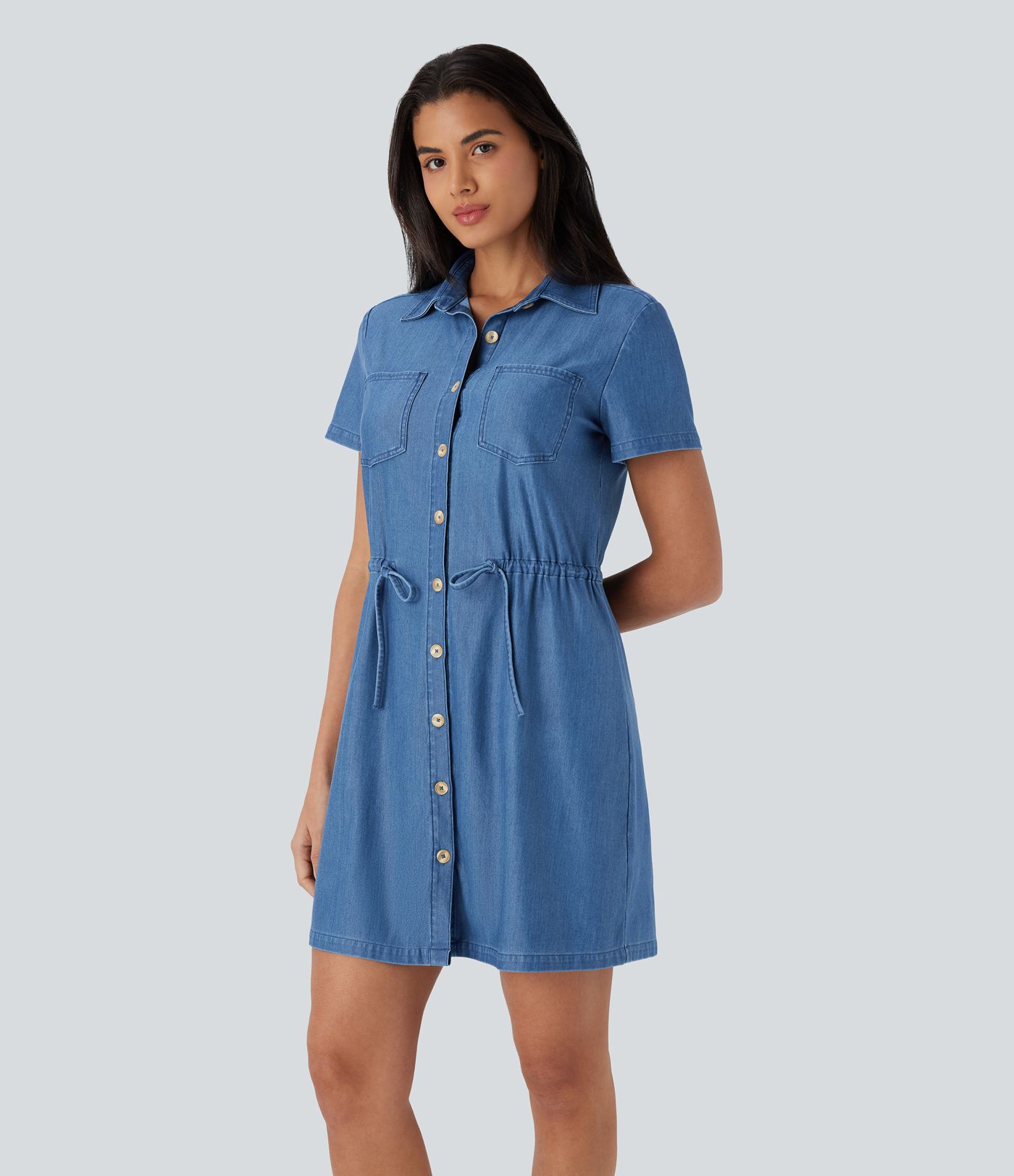 Halara Flex™ Collared Short Sleeve Button Chest Pocket Drawstring Stretchy Knit Denim Mini Casual Dress
