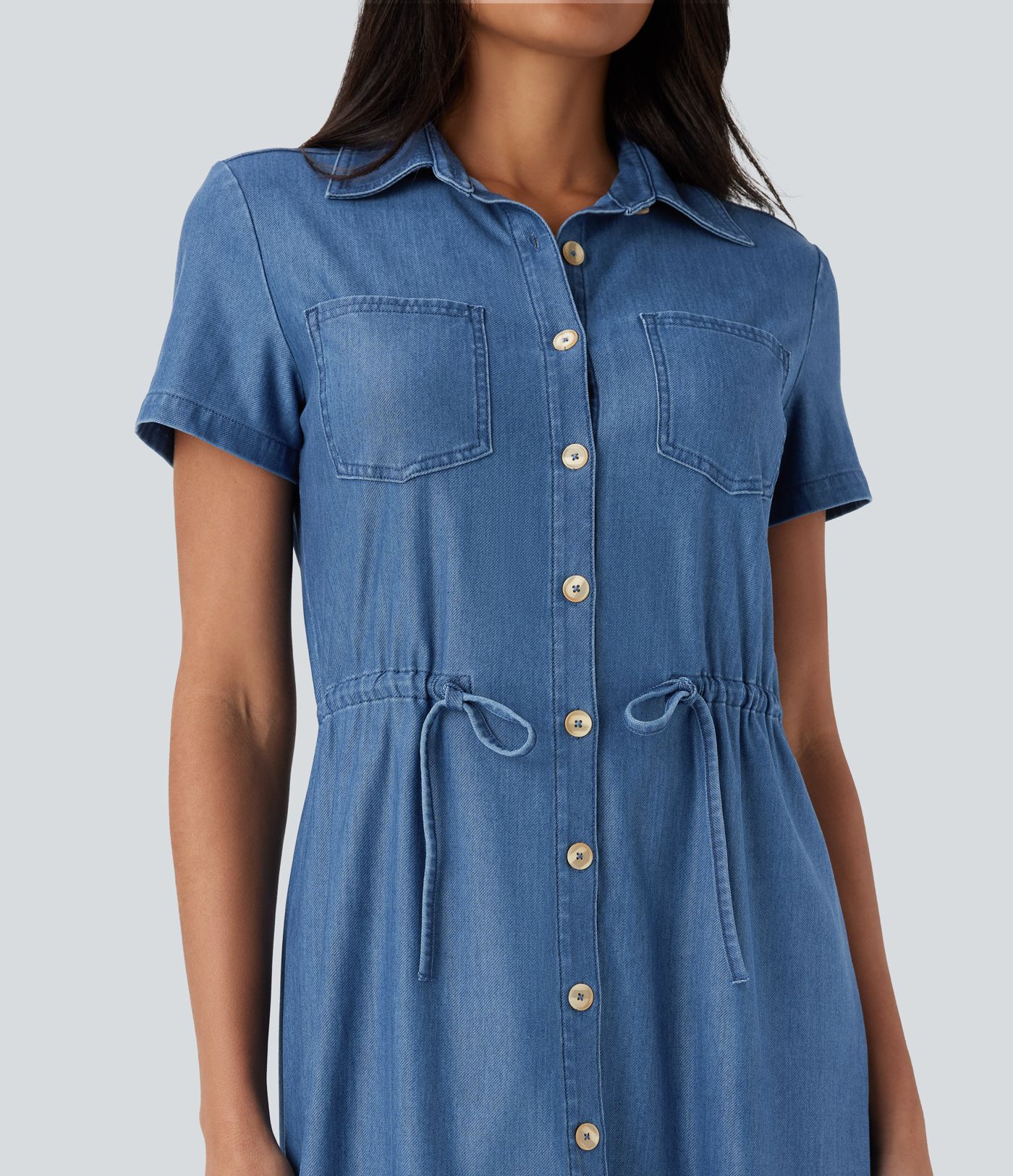 Halara Flex™ Collared Short Sleeve Button Chest Pocket Drawstring Stretchy Knit Denim Mini Casual Dress