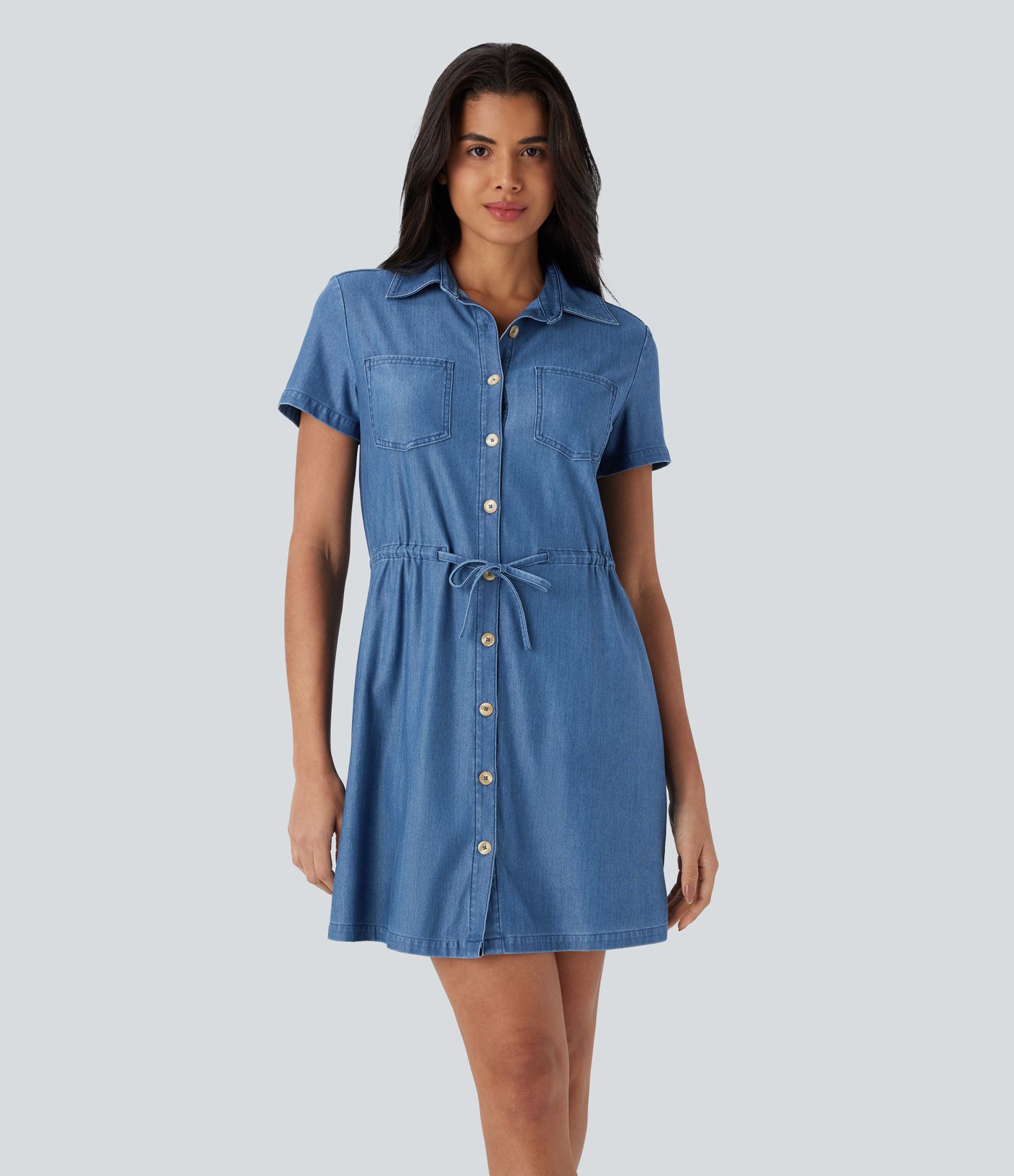 Halara Flex™ Collared Short Sleeve Button Chest Pocket Drawstring Stretchy Knit Denim Mini Casual Dress
