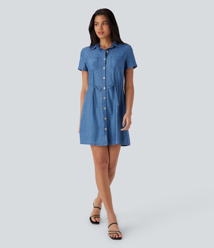 Vestido corto Halara Flex™ Denim vaquero elástico de manga corta con cuello y bolsillo en el pecho, botones y cordón ajustable
