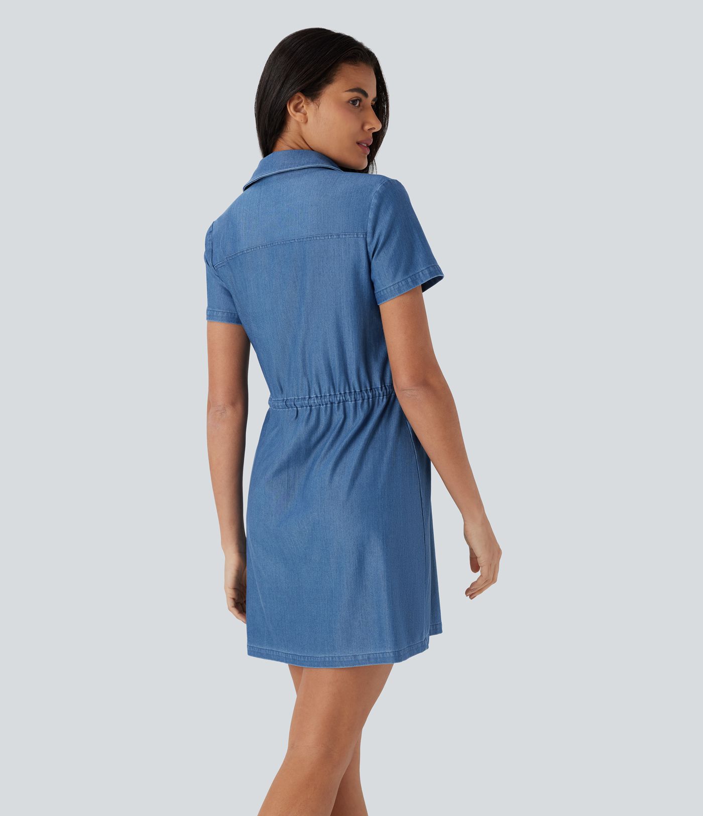 Halara Flex™ Collared Short Sleeve Button Chest Pocket Drawstring Stretchy Knit Denim Mini Casual Dress