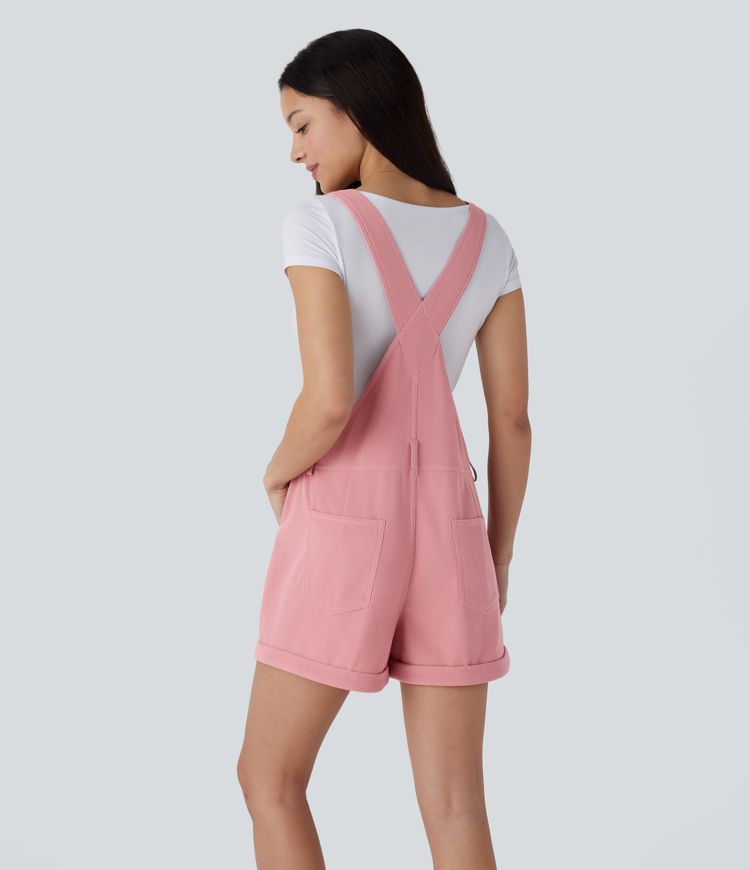 Pockets Rolled Hem Waffle Casual Overalls