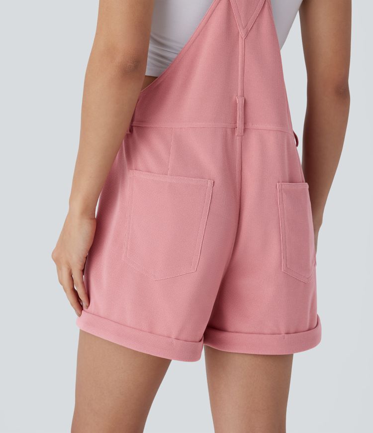 Adjustable Strap Multiple Pockets Rolled Hem Waffle Casual Dungarees