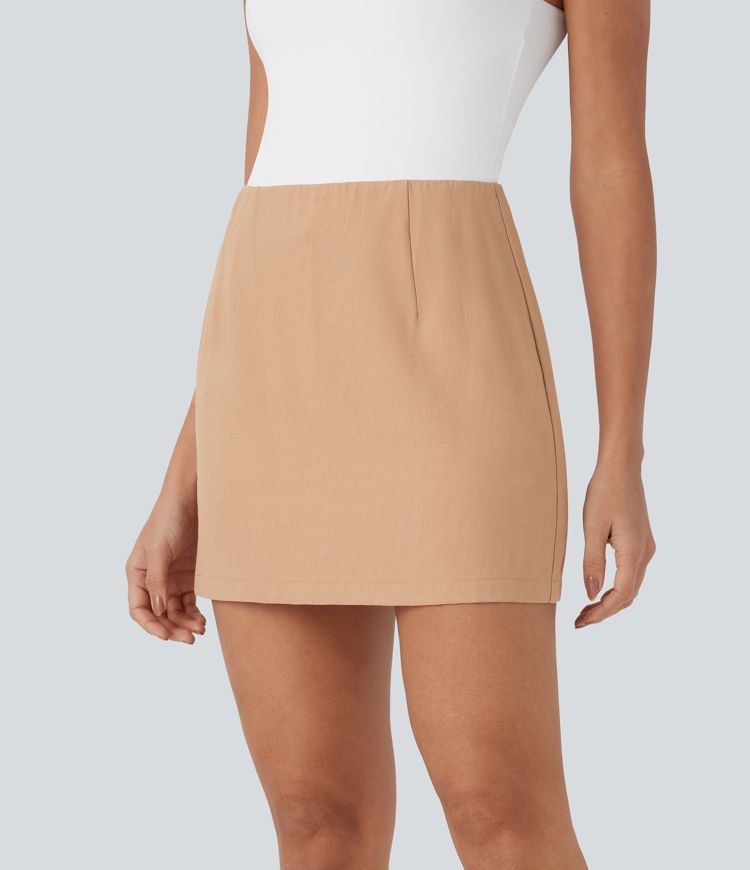 High Waisted 2-in-1 A Line Mini Casual Linen-Feel Skirt