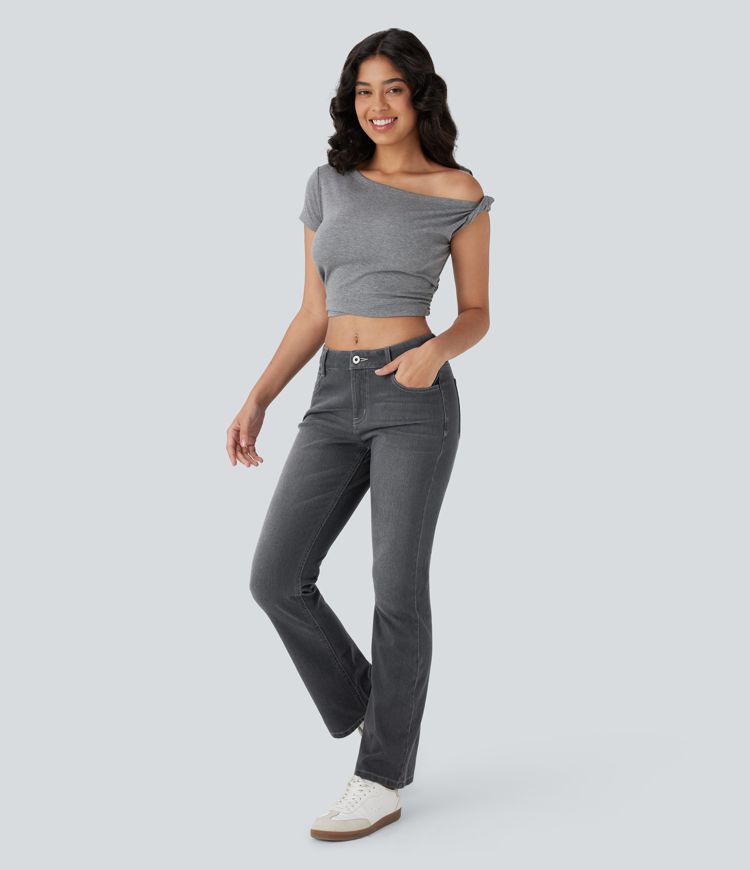 Halara Flex™ Low Rise Zipper Pockets Washed Casual Bootcut Jeans