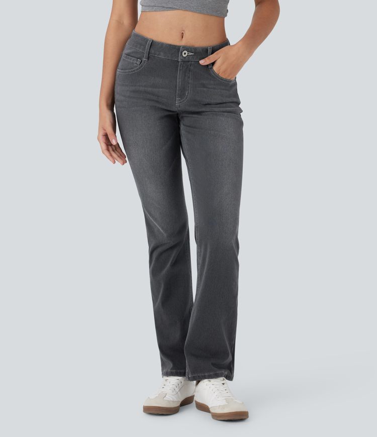 Halara Flex™ Low Rise Button Zipper Multiple Pockets Washed Stretchy Knit Casual Bootcut Jeans