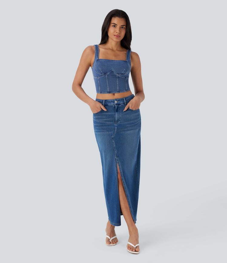 Halara Flex™ Square Neck Corset Cropped Denim Casual Tank Top