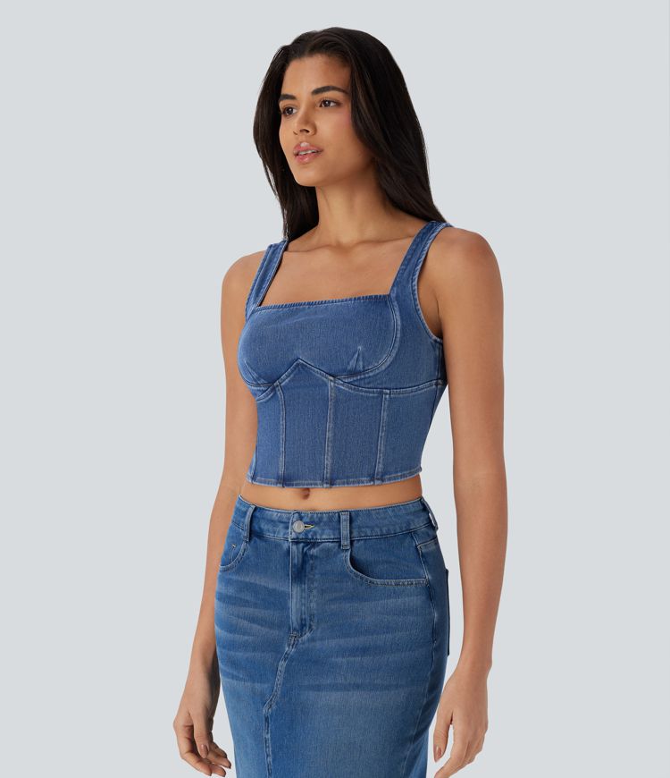 Halara Flex™ Square Neck Corset Cropped Denim Casual Tank Top