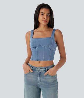 Halara Flex™ Square Neck Corset Cropped Denim Casual Tank Top