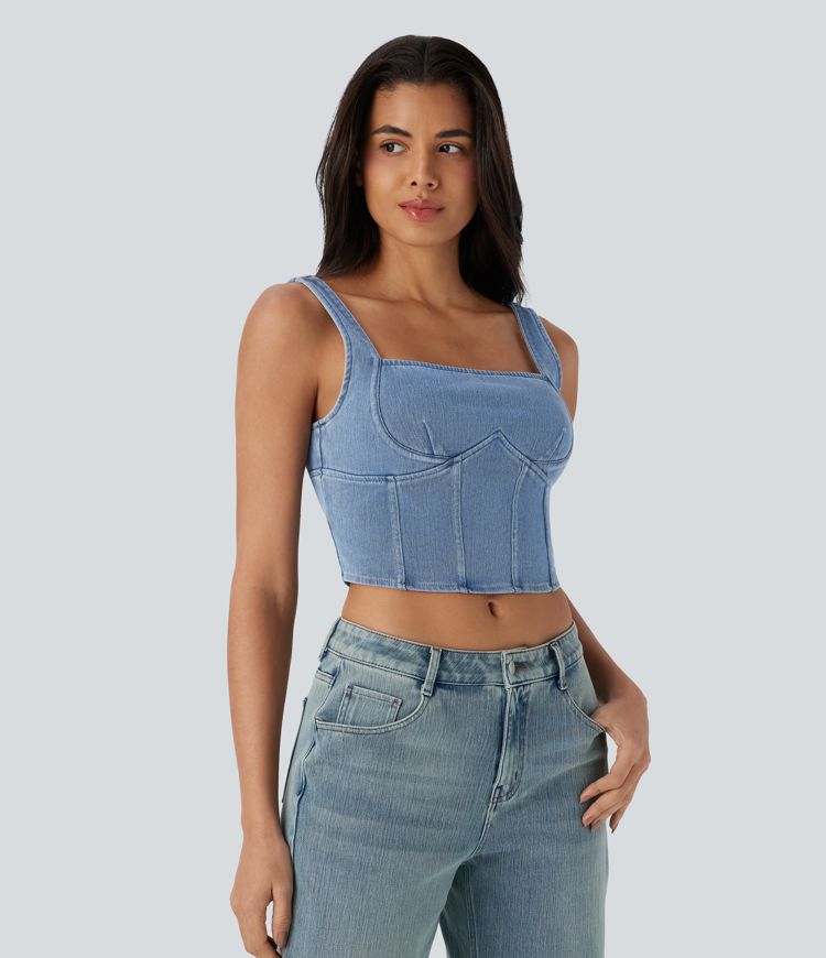 Halara Flex™ Square Neck Corset Cropped Denim Casual Tank Top