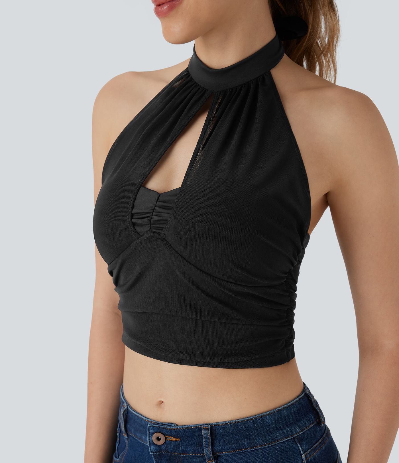 Halter Tie Back Backless Cut Out Contrast Mesh Cropped Casual Top