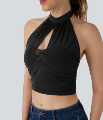 Halter Tie Back Backless Cut Out Contrast Mesh Cropped Casual Top