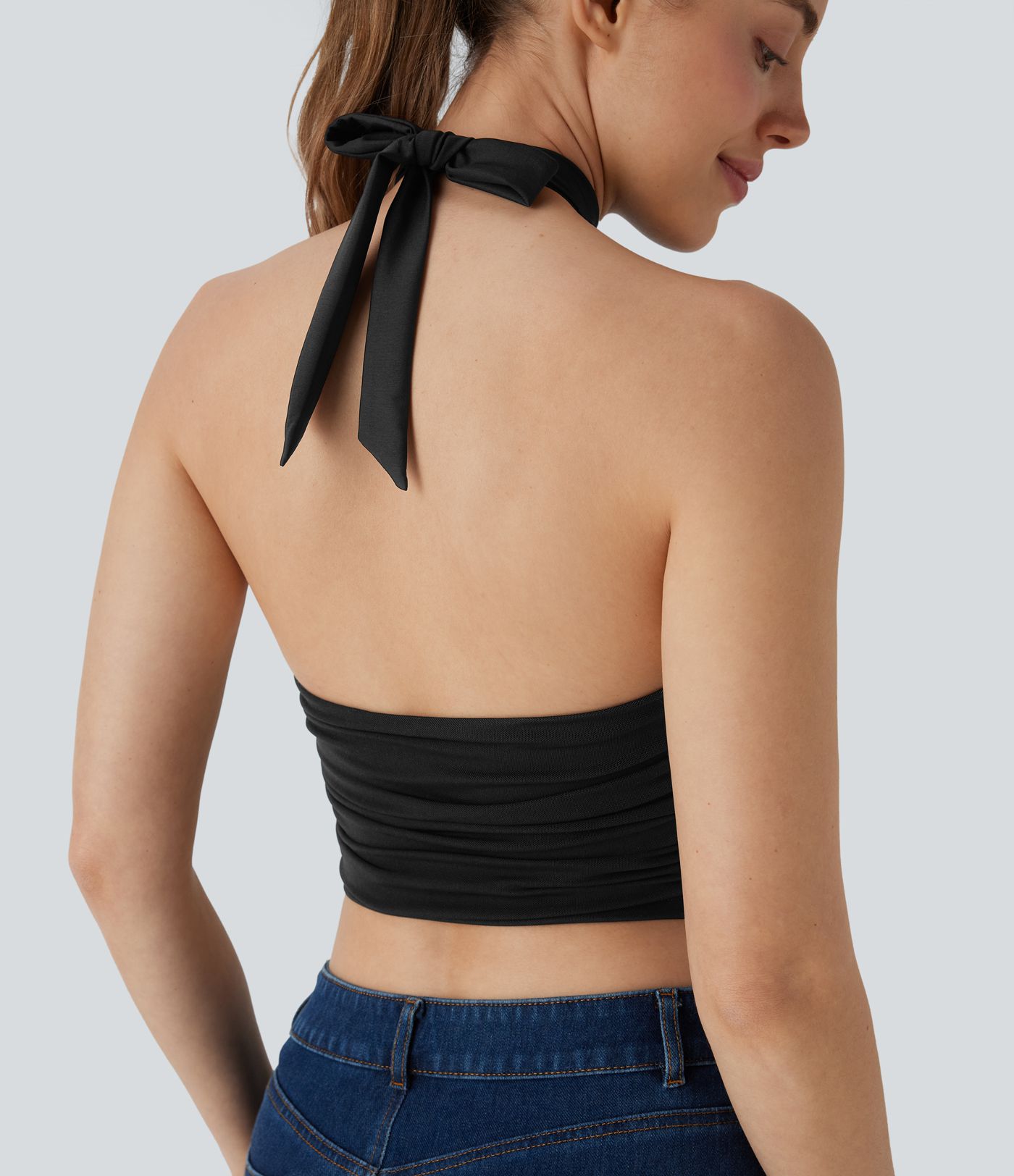 Halter Tie Back Backless Cut Out Contrast Mesh Cropped Casual Top