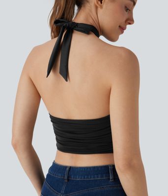 Halter Tie Back Backless Cut Out Contrast Mesh Cropped Casual Top