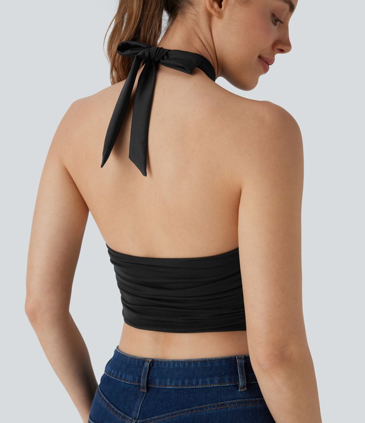 Halter Tie Back Backless Cut Out Contrast Mesh Cropped Casual Top