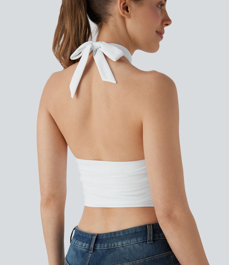 Neckholder-Rückenbinden, rückenfreies Cut-Out, kontrastierendes Mesh-Kurzes Freizeit-Top