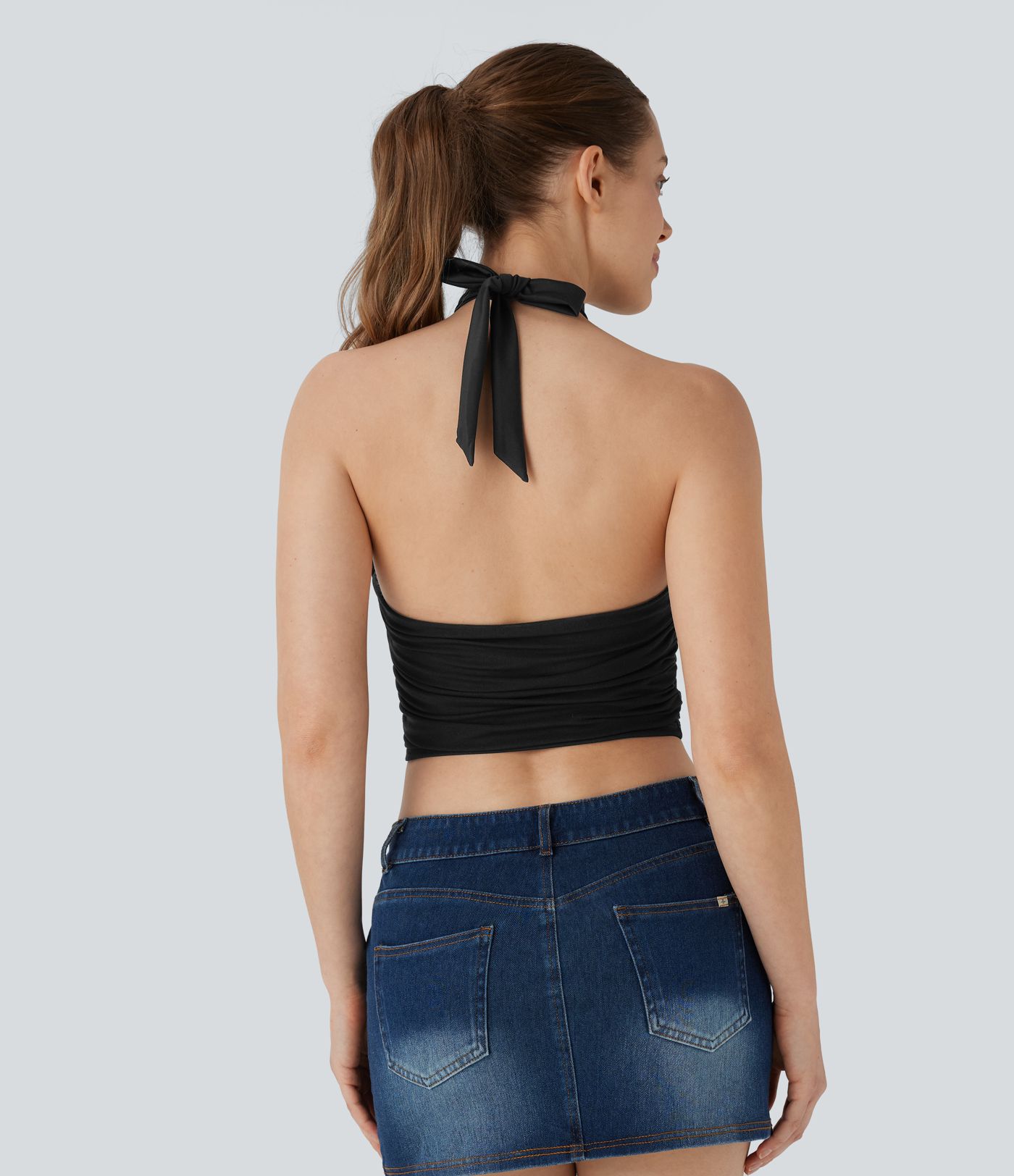 Halter Tie Back Backless Cut Out Contrast Mesh Cropped Casual Top
