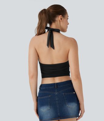 Halter Tie Back Backless Cut Out Contrast Mesh Cropped Casual Top