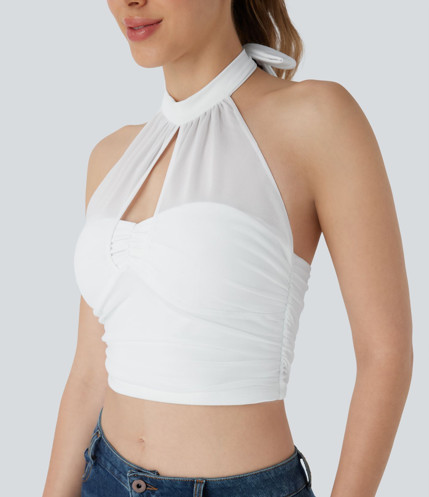 Neckholder-Rückenbinden, rückenfreies Cut-Out, kontrastierendes Mesh-Kurzes Freizeit-Top