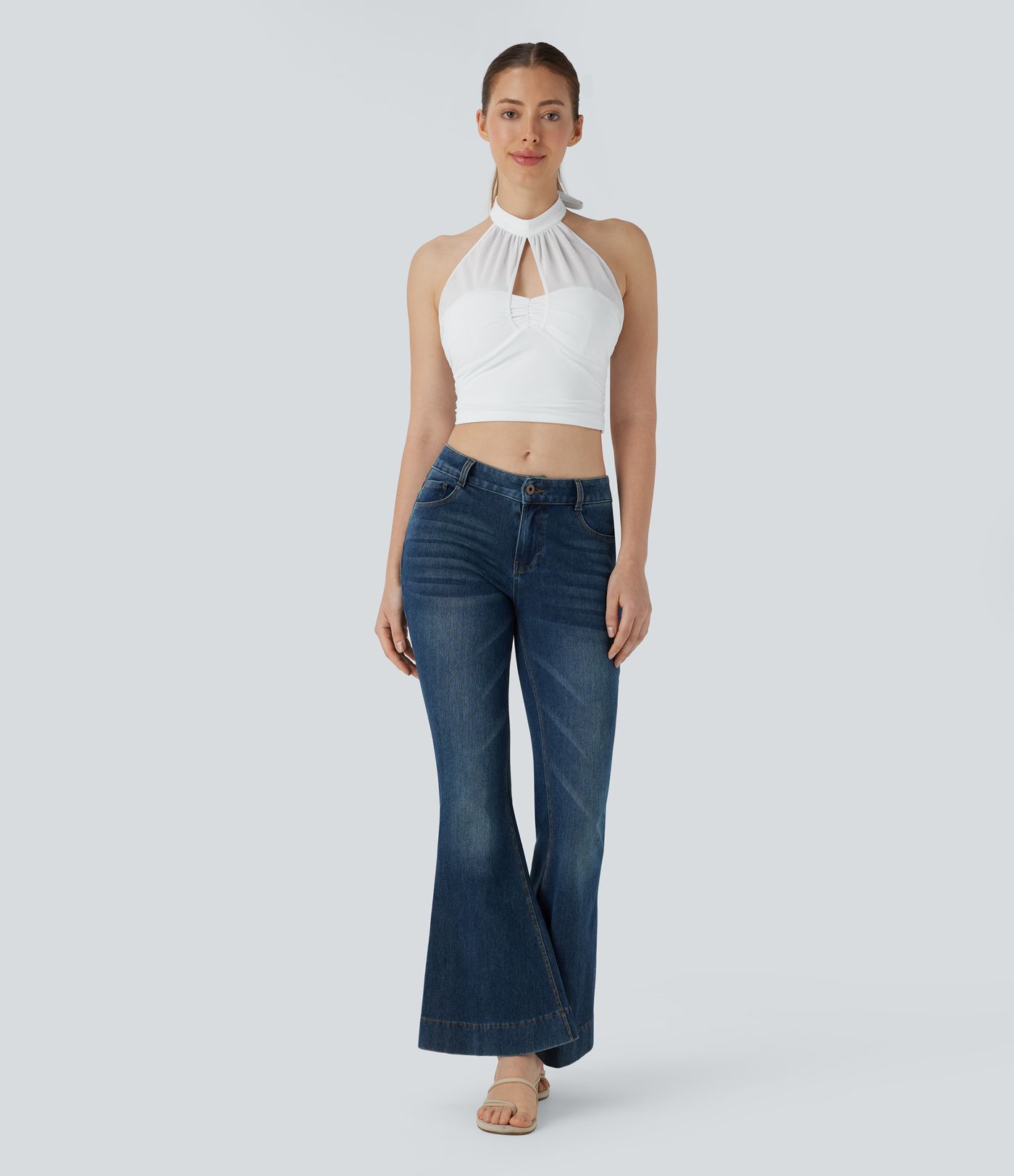 Neckholder-Rückenbinden, rückenfreies Cut-Out, kontrastierendes Mesh-Kurzes Freizeit-Top