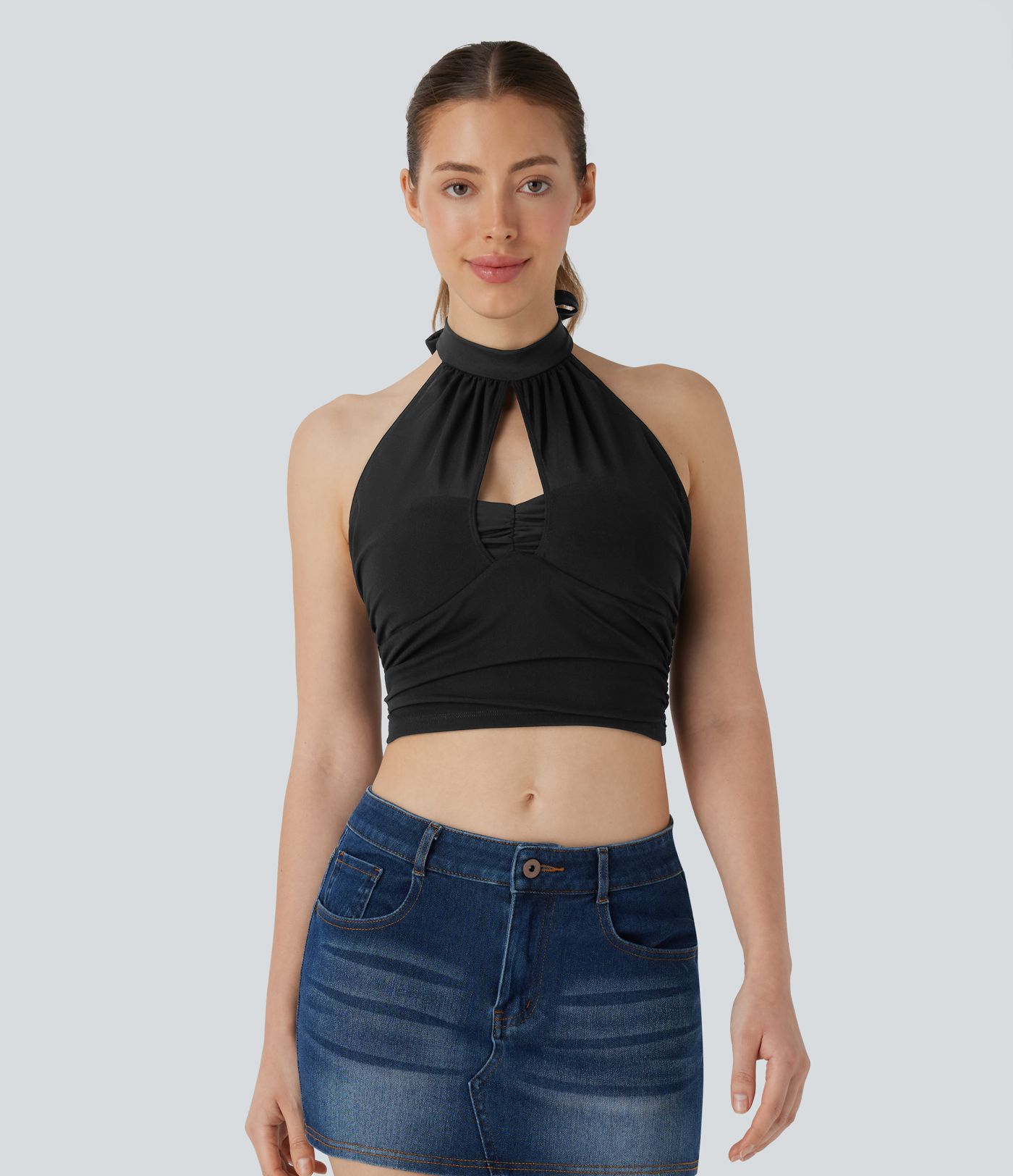 Halter Tie Back Backless Cut Out Contrast Mesh Cropped Casual Top