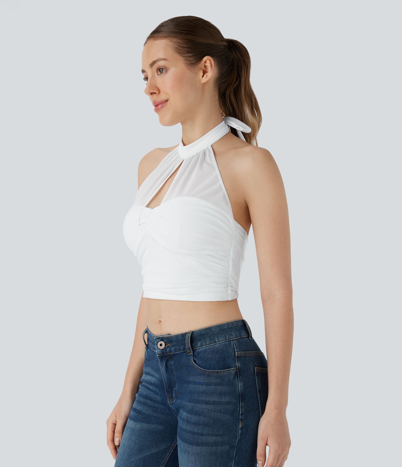 Neckholder-Rückenbinden, rückenfreies Cut-Out, kontrastierendes Mesh-Kurzes Freizeit-Top