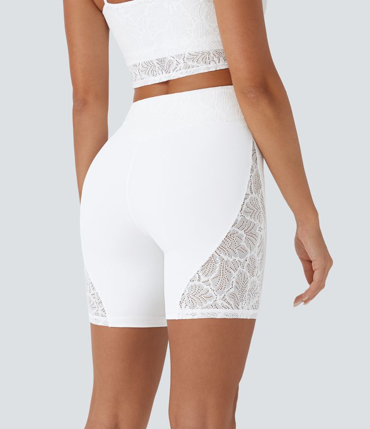 Softlyzero™ - Yoga-Shorts mit hohem Bund, Gesäßtasche und kontrastierender Spitze - 17,78cm