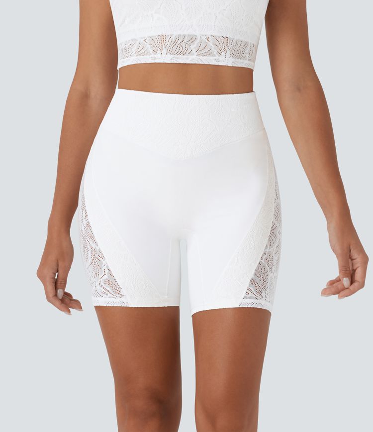 Softlyzero™ - Yoga-Shorts mit hohem Bund, Gesäßtasche und kontrastierender Spitze - 17,78cm